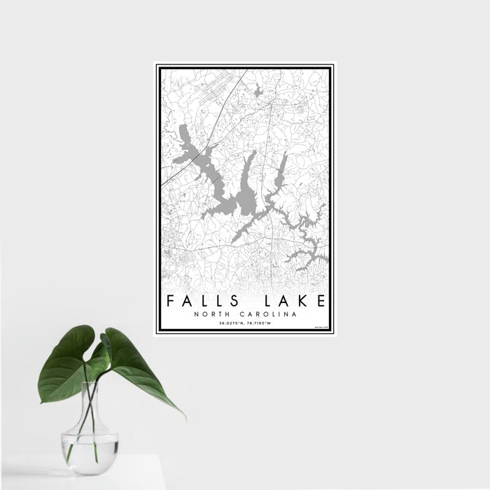 16x24 Falls Lake North Carolina Map Print Portrait Orientation in Classic Style With Tropical Plant Leaves in Water