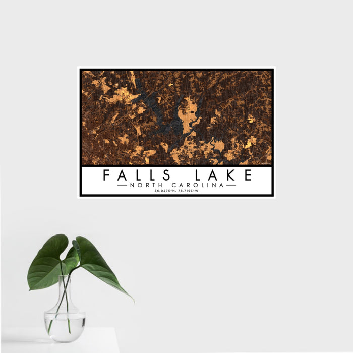 16x24 Falls Lake North Carolina Map Print Landscape Orientation in Ember Style With Tropical Plant Leaves in Water