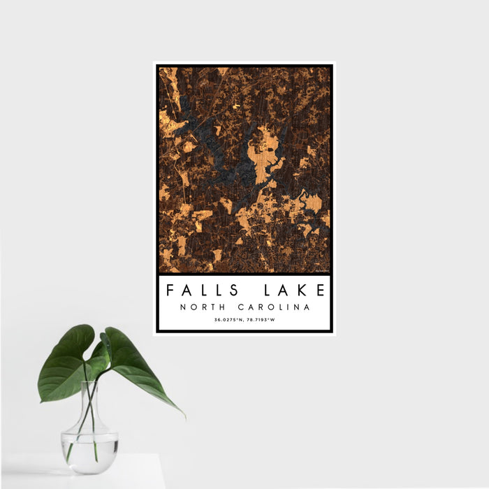 16x24 Falls Lake North Carolina Map Print Portrait Orientation in Ember Style With Tropical Plant Leaves in Water