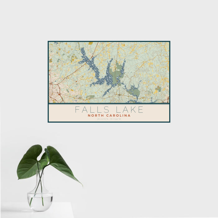 16x24 Falls Lake North Carolina Map Print Landscape Orientation in Woodblock Style With Tropical Plant Leaves in Water