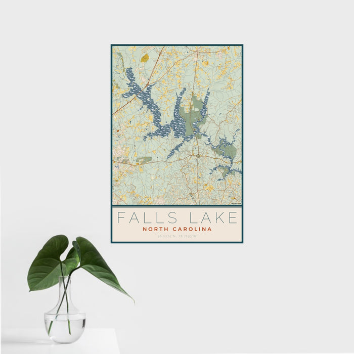 16x24 Falls Lake North Carolina Map Print Portrait Orientation in Woodblock Style With Tropical Plant Leaves in Water