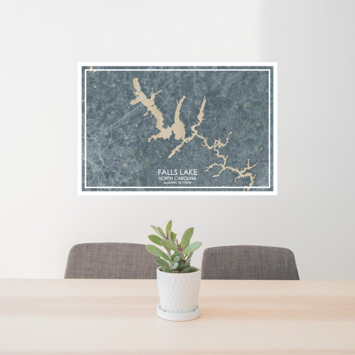24x36 Falls Lake North Carolina Map Print Lanscape Orientation in Afternoon Style Behind 2 Chairs Table and Potted Plant