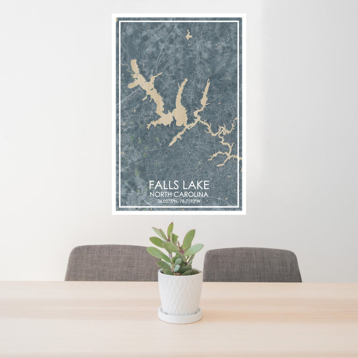 24x36 Falls Lake North Carolina Map Print Portrait Orientation in Afternoon Style Behind 2 Chairs Table and Potted Plant