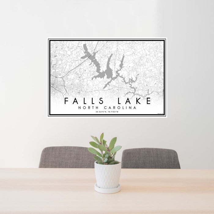 24x36 Falls Lake North Carolina Map Print Lanscape Orientation in Classic Style Behind 2 Chairs Table and Potted Plant