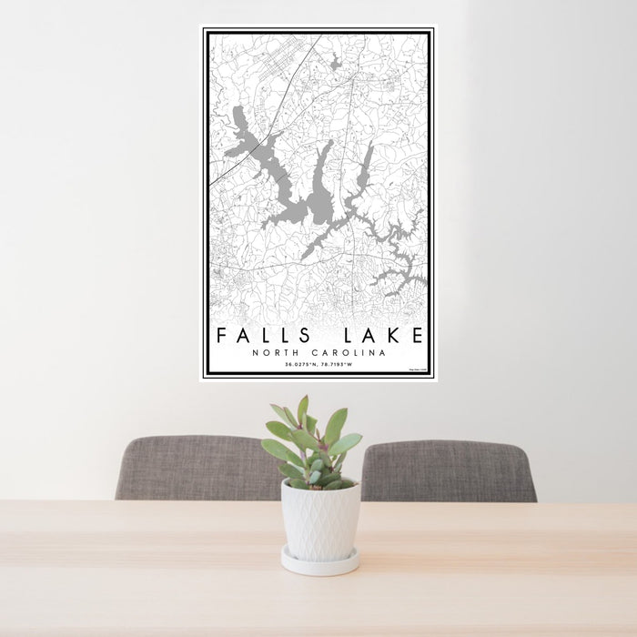 24x36 Falls Lake North Carolina Map Print Portrait Orientation in Classic Style Behind 2 Chairs Table and Potted Plant
