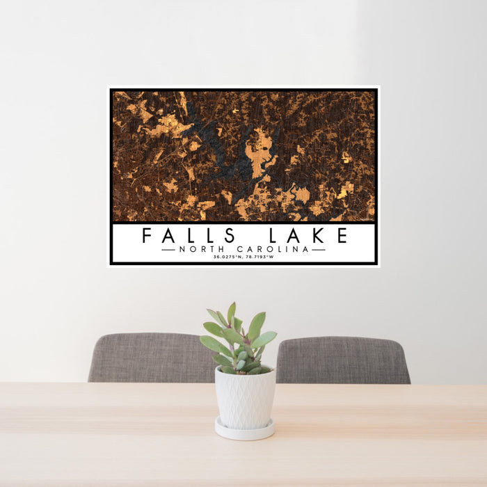 24x36 Falls Lake North Carolina Map Print Lanscape Orientation in Ember Style Behind 2 Chairs Table and Potted Plant