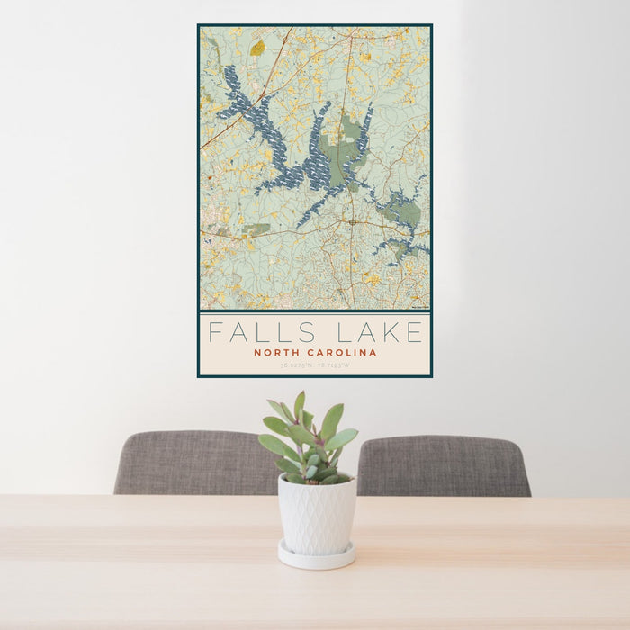24x36 Falls Lake North Carolina Map Print Portrait Orientation in Woodblock Style Behind 2 Chairs Table and Potted Plant