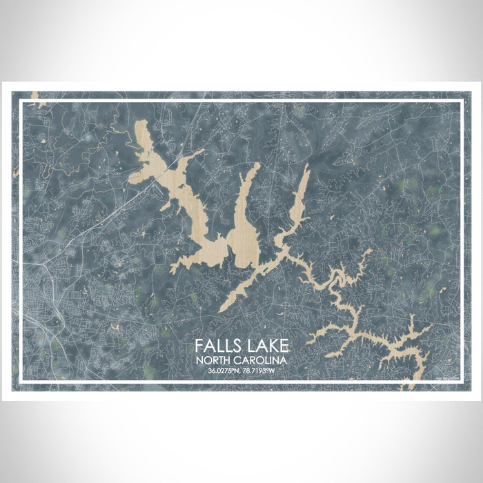 Falls Lake North Carolina Map Print Landscape Orientation in Afternoon Style With Shaded Background