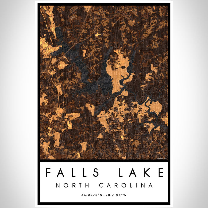 Falls Lake North Carolina Map Print Portrait Orientation in Ember Style With Shaded Background