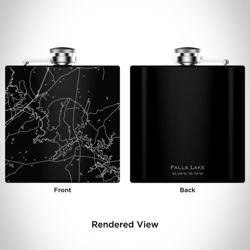 Rendered View of Falls Lake North Carolina Map Engraving on 6oz Stainless Steel Flask in Black