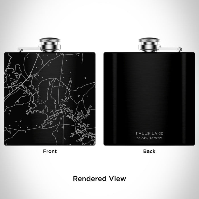 Rendered View of Falls Lake North Carolina Map Engraving on 6oz Stainless Steel Flask in Black