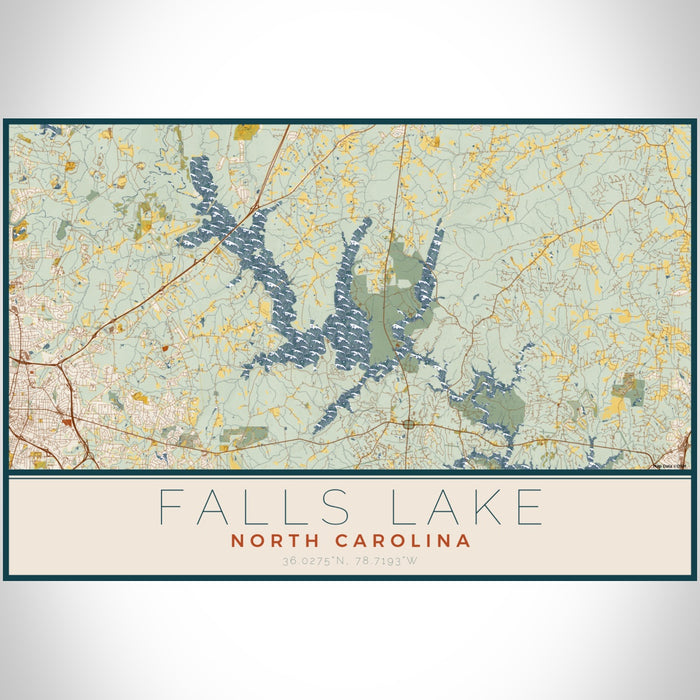 Falls Lake North Carolina Map Print Landscape Orientation in Woodblock Style With Shaded Background