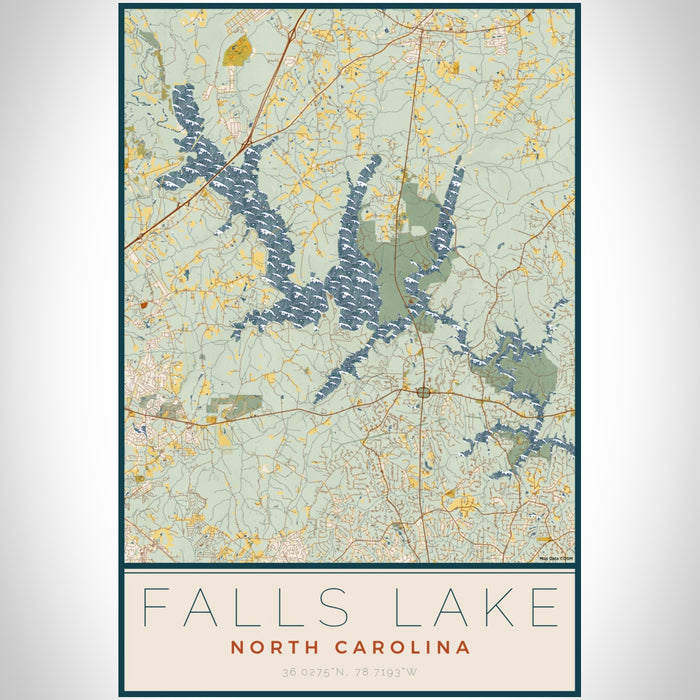 Falls Lake North Carolina Map Print Portrait Orientation in Woodblock Style With Shaded Background