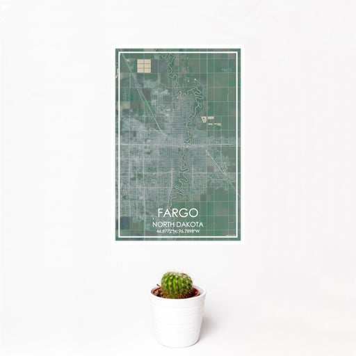 12x18 Fargo North Dakota Map Print Portrait Orientation in Afternoon Style With Small Cactus Plant in White Planter
