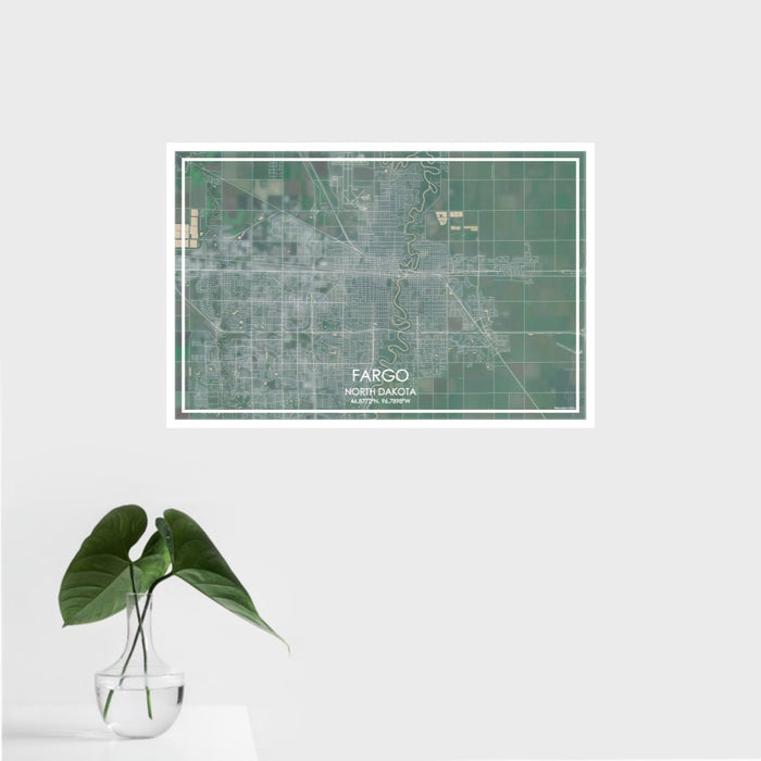 16x24 Fargo North Dakota Map Print Landscape Orientation in Afternoon Style With Tropical Plant Leaves in Water