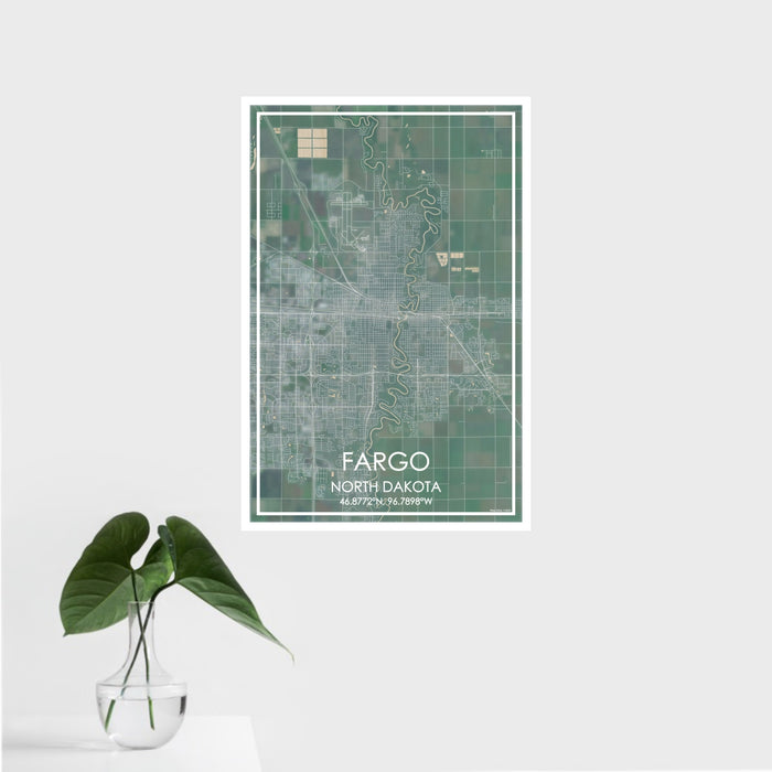 16x24 Fargo North Dakota Map Print Portrait Orientation in Afternoon Style With Tropical Plant Leaves in Water