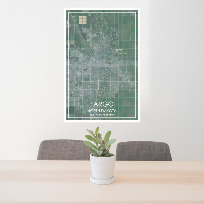 24x36 Fargo North Dakota Map Print Portrait Orientation in Afternoon Style Behind 2 Chairs Table and Potted Plant