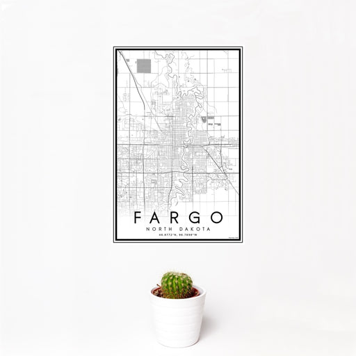 12x18 Fargo North Dakota Map Print Portrait Orientation in Classic Style With Small Cactus Plant in White Planter
