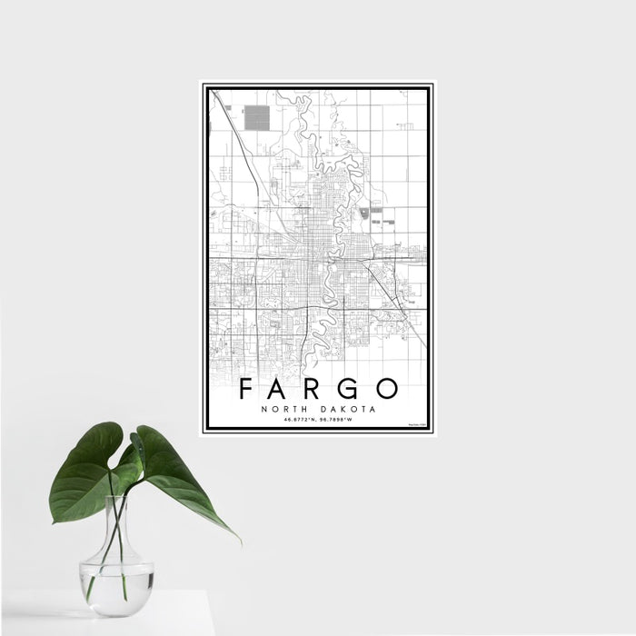 16x24 Fargo North Dakota Map Print Portrait Orientation in Classic Style With Tropical Plant Leaves in Water