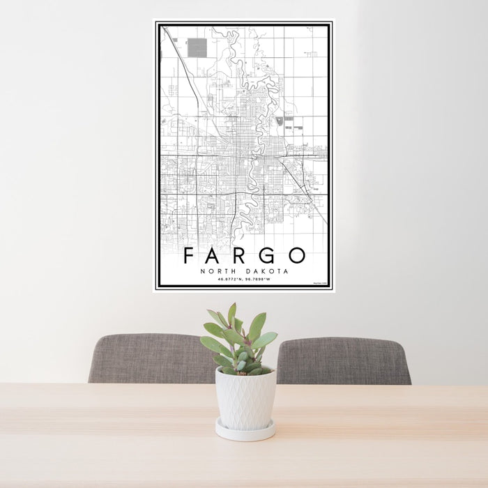 24x36 Fargo North Dakota Map Print Portrait Orientation in Classic Style Behind 2 Chairs Table and Potted Plant