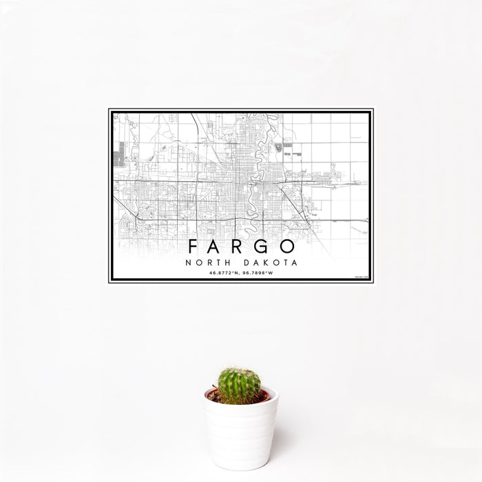 12x18 Fargo North Dakota Map Print Landscape Orientation in Classic Style With Small Cactus Plant in White Planter