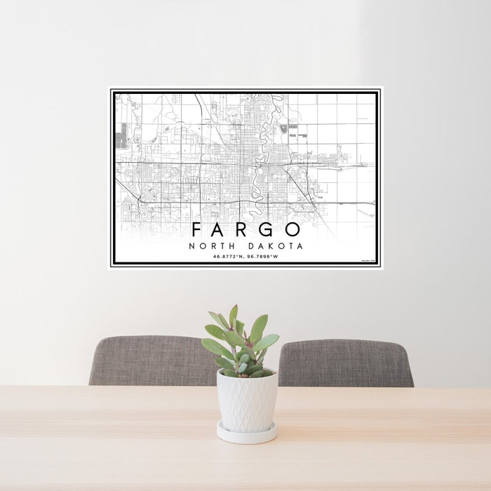 24x36 Fargo North Dakota Map Print Landscape Orientation in Classic Style Behind 2 Chairs Table and Potted Plant