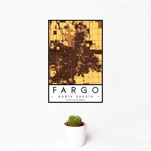 12x18 Fargo North Dakota Map Print Portrait Orientation in Ember Style With Small Cactus Plant in White Planter