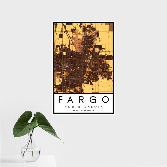 16x24 Fargo North Dakota Map Print Portrait Orientation in Ember Style With Tropical Plant Leaves in Water