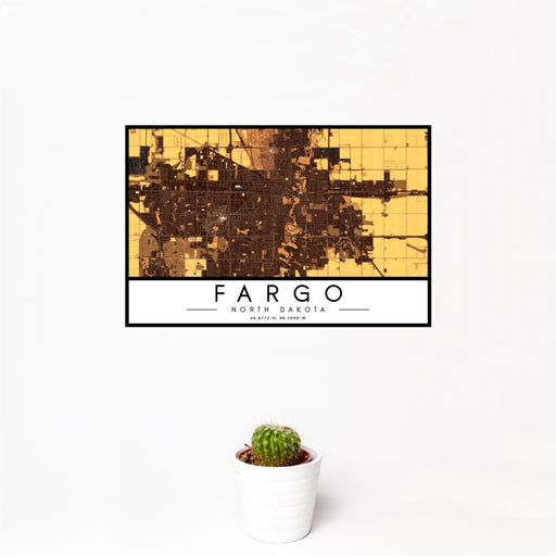 12x18 Fargo North Dakota Map Print Landscape Orientation in Ember Style With Small Cactus Plant in White Planter