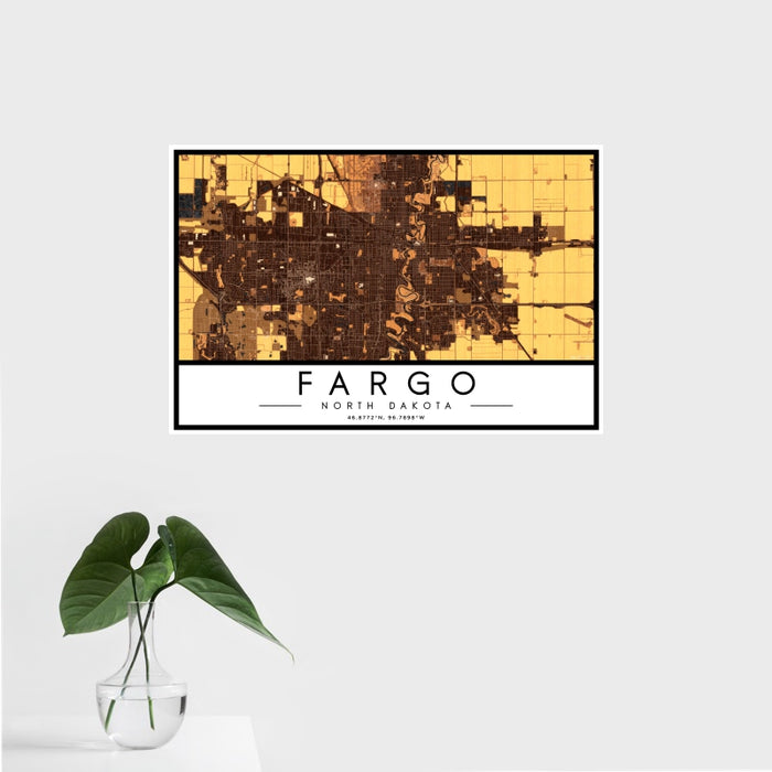 16x24 Fargo North Dakota Map Print Landscape Orientation in Ember Style With Tropical Plant Leaves in Water