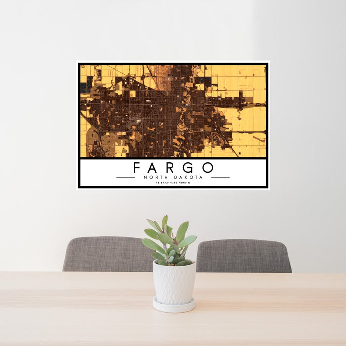 24x36 Fargo North Dakota Map Print Landscape Orientation in Ember Style Behind 2 Chairs Table and Potted Plant