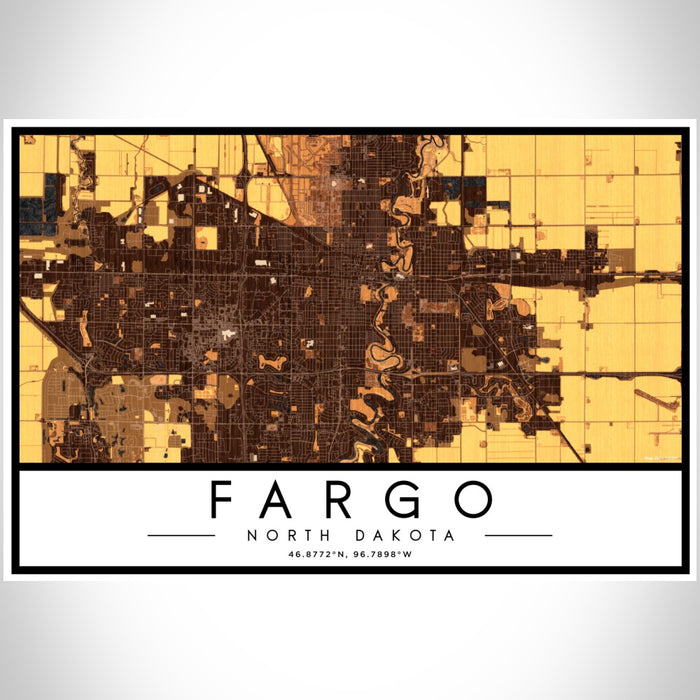 Fargo North Dakota Map Print Landscape Orientation in Ember Style With Shaded Background