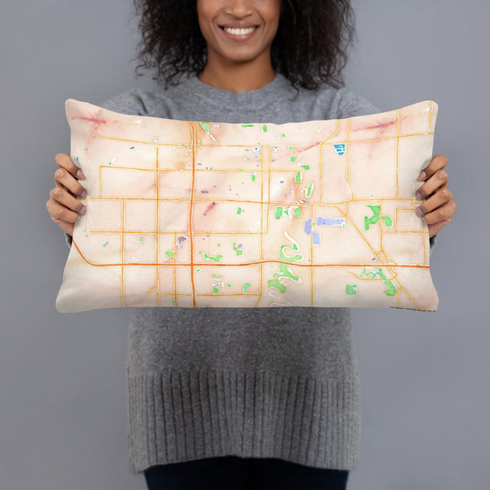 Person holding 20x12 Custom Fargo North Dakota Map Throw Pillow in Watercolor