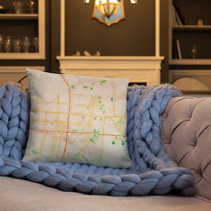 Custom Fargo North Dakota Map Throw Pillow in Watercolor on Cream Colored Couch