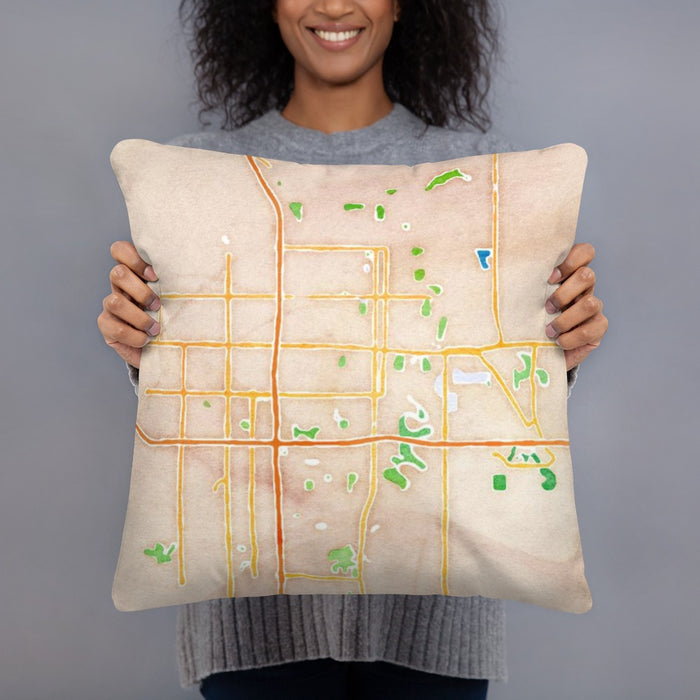 Person holding 18x18 Custom Fargo North Dakota Map Throw Pillow in Watercolor