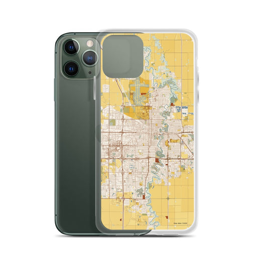 Custom Fargo North Dakota Map Phone Case in Woodblock on Table with Laptop and Plant