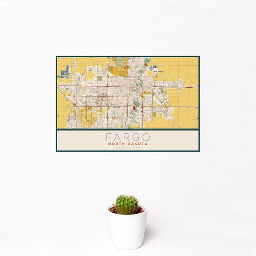 12x18 Fargo North Dakota Map Print Landscape Orientation in Woodblock Style With Small Cactus Plant in White Planter
