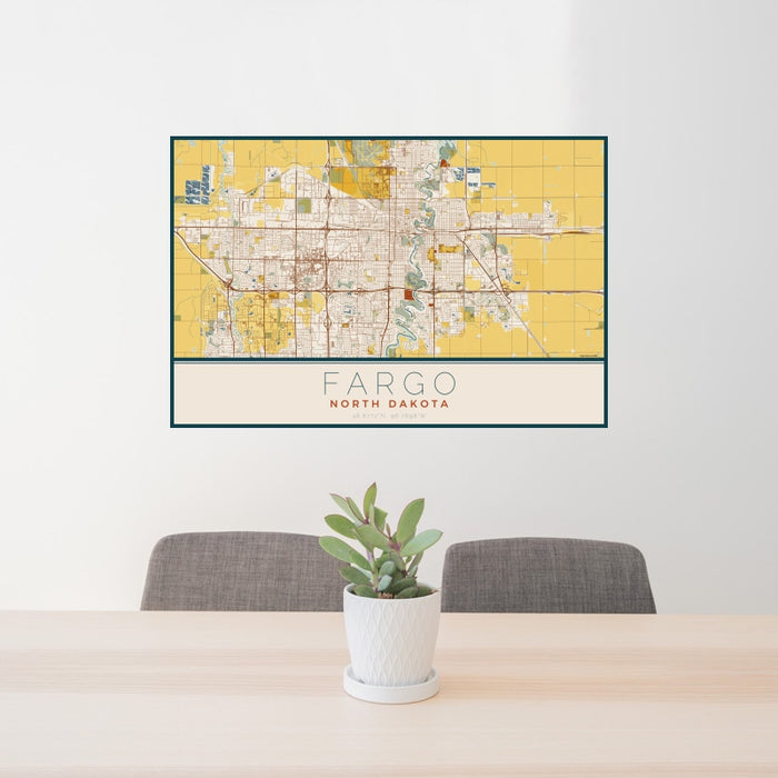24x36 Fargo North Dakota Map Print Landscape Orientation in Woodblock Style Behind 2 Chairs Table and Potted Plant