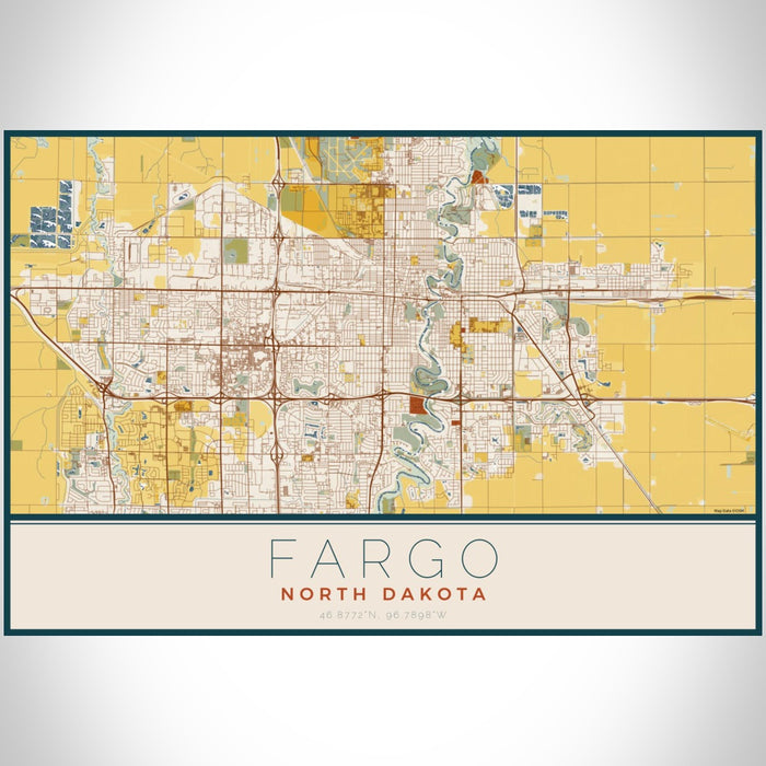 Fargo North Dakota Map Print Landscape Orientation in Woodblock Style With Shaded Background
