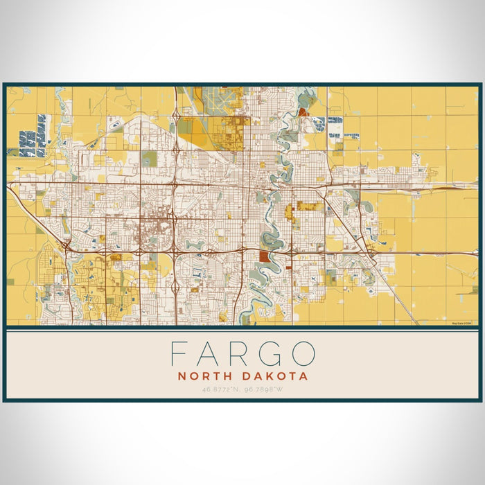 Fargo North Dakota Map Print Landscape Orientation in Woodblock Style With Shaded Background