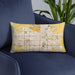 Custom Fargo North Dakota Map Throw Pillow in Woodblock on Blue Colored Chair