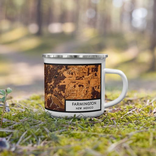 Right View Custom Farmington New Mexico Map Enamel Mug in Ember on Grass With Trees in Background