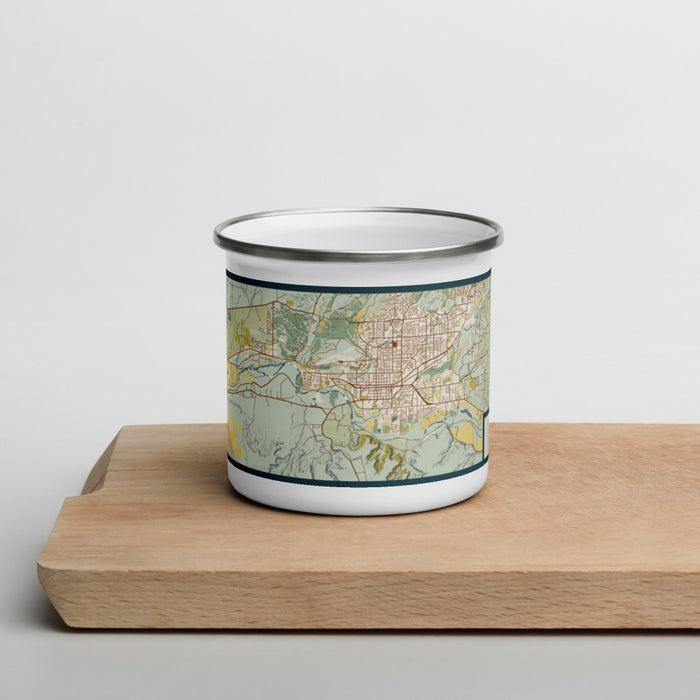 Front View Custom Farmington New Mexico Map Enamel Mug in Woodblock on Cutting Board