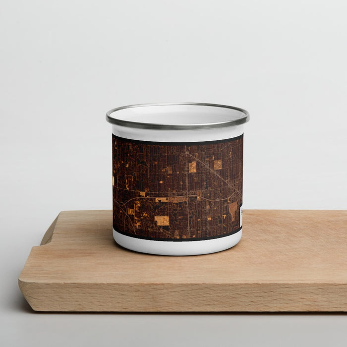 Front View Custom Farmington Hills Michigan Map Enamel Mug in Ember on Cutting Board