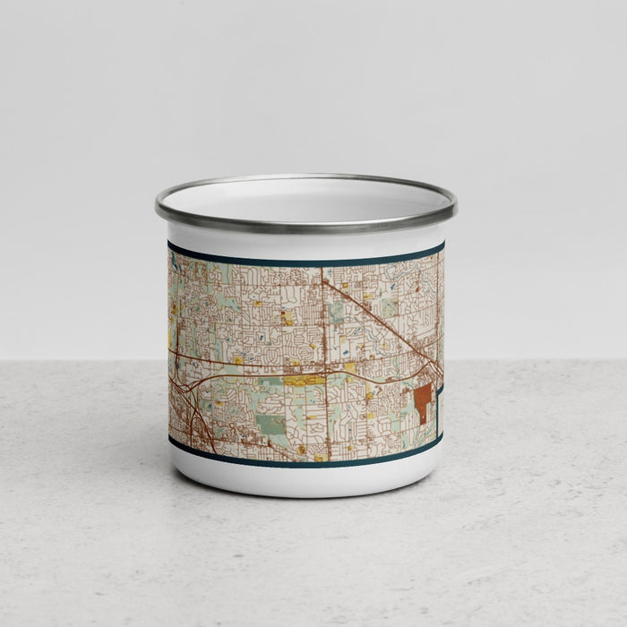 Front View Custom Farmington Hills Michigan Map Enamel Mug in Woodblock