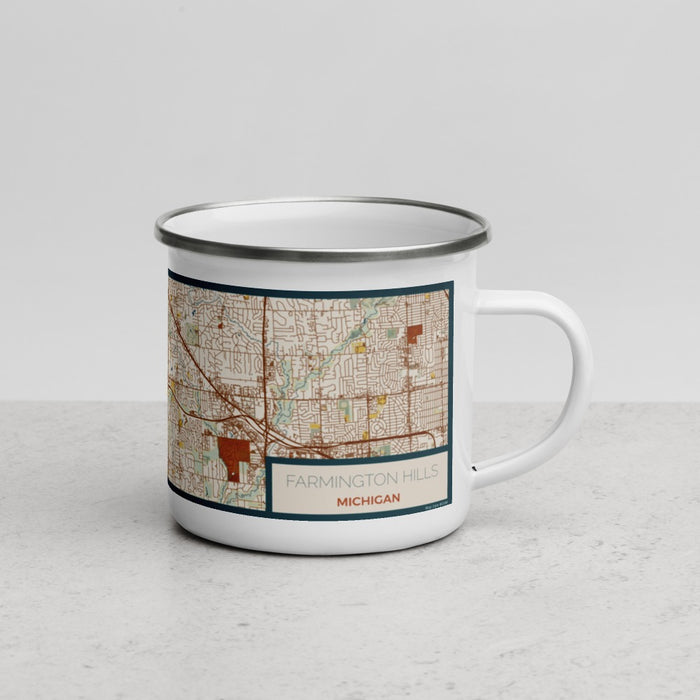 Right View Custom Farmington Hills Michigan Map Enamel Mug in Woodblock