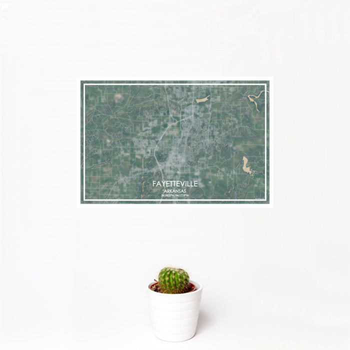 12x18 Fayetteville Arkansas Map Print Landscape Orientation in Afternoon Style With Small Cactus Plant in White Planter