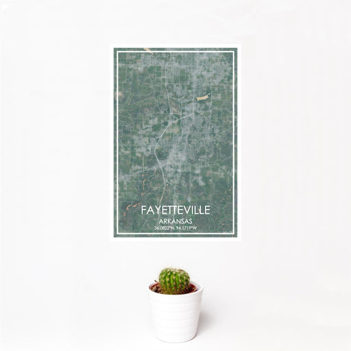 12x18 Fayetteville Arkansas Map Print Portrait Orientation in Afternoon Style With Small Cactus Plant in White Planter
