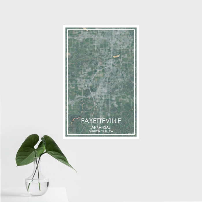 16x24 Fayetteville Arkansas Map Print Portrait Orientation in Afternoon Style With Tropical Plant Leaves in Water