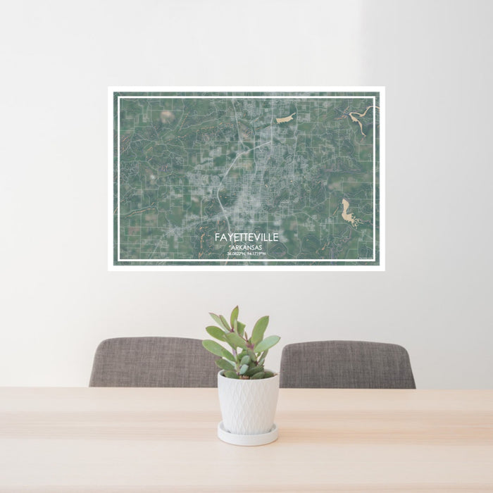 24x36 Fayetteville Arkansas Map Print Lanscape Orientation in Afternoon Style Behind 2 Chairs Table and Potted Plant